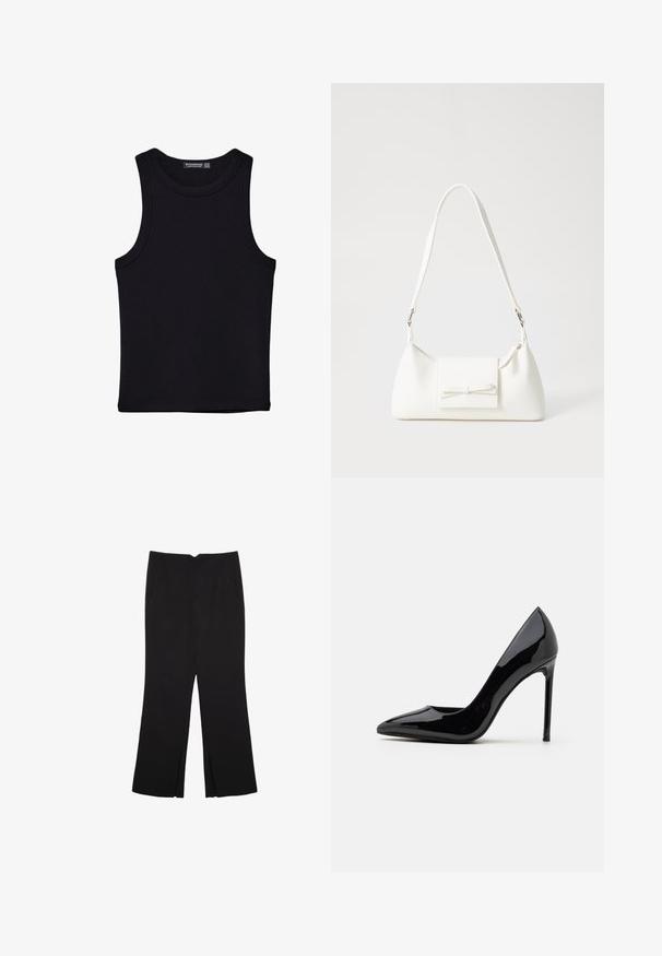 Sort tank top lavet af bomuld, med rund halsudskæring og brede armhuller. Glat tekstur med syede kanter. Klassisk, minimalistisk design.; Sorte bukser med lige pasform, der har frontlommer og slidser i kanten. Lavet af blødt, glat stof. Velegnet til forskellige anledninger.; Call it Spring MESMERIZE - Pumps - other black; Hvid syntetisk håndtaske med en trekantet form, flad forsideklap og sløjfedetalje, justerbar strop, glat tekstur og minimalistisk design.