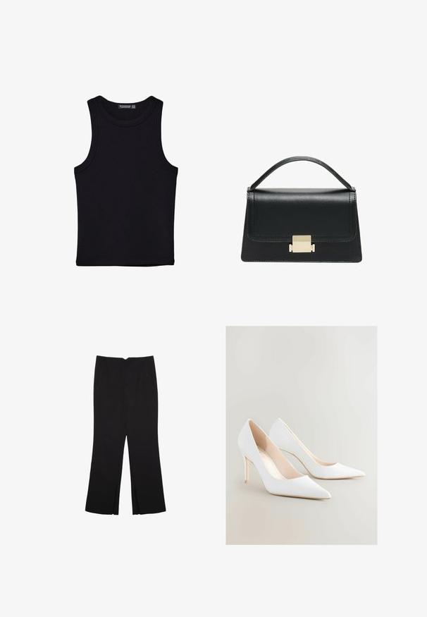 Čierny tank top vyrobený z bavlny, s okrúhlym výstrihom a širokými ramienkami. Hladká textúra so zošitými okrajmi. Klasický, minimalistický dizajn.; Čierne nohavice so strihom rovného strihu, s prednými vreckami a bočnými rozparkami na leme. Vyrobené z mäkkej, hladkej tkaniny. Vhodné na rôzne príležitosti.; Biele lodičky na vysokom podpätku s ostrými špičkami a hladkým matným povrchom. Majú štíhly podpätok a telovú vnútornú časť. Minimalistický dizajn.; Čierna kožená kabelka so štruktúrovaným prevedením, horným madlom a detailom zlatého kovového uzáveru na prednej strane. Hladká textura, minimálne šitie.
