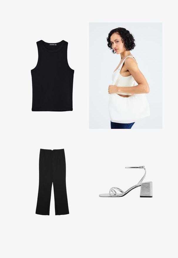 Czarny top na ramionczkach wykonany z bawełny, z okrągłym dekoltem i szerokimi wycięciami na ramionach. Gładka tekstura z przeszytymi brzegami. Klasyczny, minimalistyczny design.; Czarne spodnie o prostym kroju, z przednimi kieszeniami i bocznymi rozcięciami na dole. Wykonane z miękkiego, gładkiego materiału. Odpowiednie na różne okazje.; Srebrne sandały na słupku z cienkimi krzyżującymi się paskami i regulowanym paskiem na kostkę. Gładkie metaliczne wykończenie.; Biała torba na ramię wykonana z gładkiego materiału, z owalnym wycięciem i szerokim paskiem. Prosta i nowoczesna, bez widocznych elementów ozdobnych.