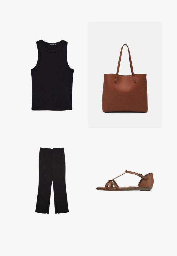 Black tank top made of cotton, featuring a round neckline and wide armholes. Smooth texture with stitched hems. Classic, minimalist design.; Black trousers with a straight fit, featuring front pockets and side slits at the hem. Made of soft, smooth fabric. Suitable for various occasions.; Brown flat sandal featuring woven straps, a T-bar design, a buckled ankle strap, and a rounded back. Made of smooth leather with a textured footbed.; Brown leather tote bag with a smooth texture, open top design, and two shoulder straps. Features minimal stitching and no visible hardware.