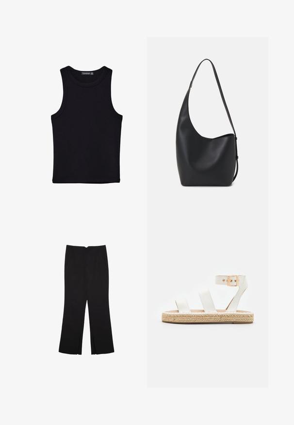 Black tank top made of cotton, featuring a round neckline and wide armholes. Smooth texture with stitched hems. Classic, minimalist design.; Black trousers with a straight fit, featuring front pockets and side slits at the hem. Made of soft, smooth fabric. Suitable for various occasions.; White leather sandal with three wide straps, ankle buckle, and jute-wrapped sole. Flat design with a natural texture.; Black leather hobo bag with a smooth texture, curved shape, and single adjustable strap; features a wide opening at the top.