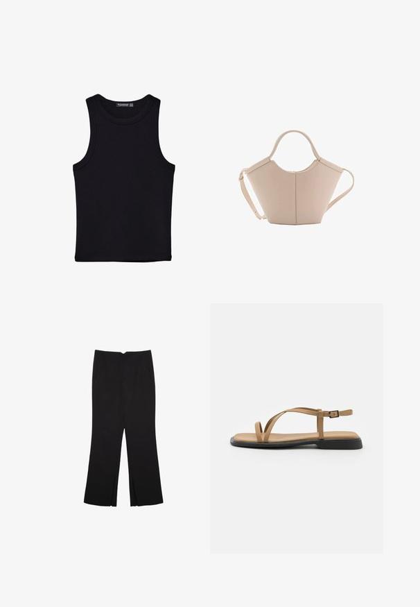 Črna majica brez rokavov iz bombaža, z okroglim izrezom in širokimi odprtinami za roke. Gladka tekstura s šivi na robovih. Klasičen, minimalističen dizajn.; Črne hlače ravnega kroja z naglavnimi žepi in stranskimi razporki na robu. Narejene iz mehke, gladke tkanine. Primerne za različne priložnosti.; Ravne sandale v rjavi barvi z dvema tankima trakoma, ki se prekrivata po stopalu, in zankastim trakom okoli gležnja. Imajo gladek zgornji del, podoben usnju, in črn podplat.; Bežna usnjena torbica edinstvene oblike, z dvema kratkima ročajema in dolgim nastavljivim trakom. Gladka tekstura z minimalno kovinsko opremo.