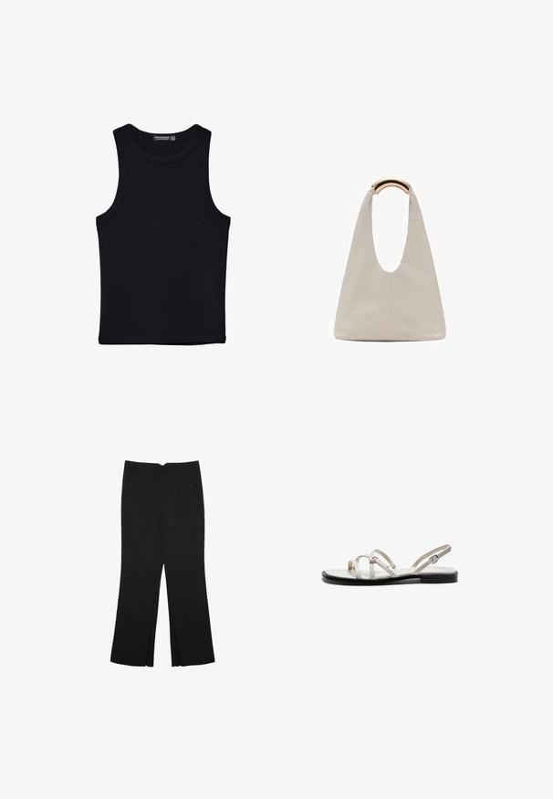 Čierny tank top vyrobený z bavlny, s okrúhlym výstrihom a širokými ramienkami. Hladká textúra so zošitými okrajmi. Klasický, minimalistický dizajn.; Čierne nohavice so strihom rovného strihu, s prednými vreckami a bočnými rozparkami na leme. Vyrobené z mäkkej, hladkej tkaniny. Vhodné na rôzne príležitosti.; Ploché sandále s tenkými kovovými popruhmi, svetlým krémovým zvrškom a čiernou podrážkou. Nastaviteľný prackový detail na členkovom popruhu.; Svetlosivá kožená taška s U-tvarom a zakrivenou kovovou rukoväťou. Hladký povrch s minimálnym prešívaním a bez viditeľných vzorov.