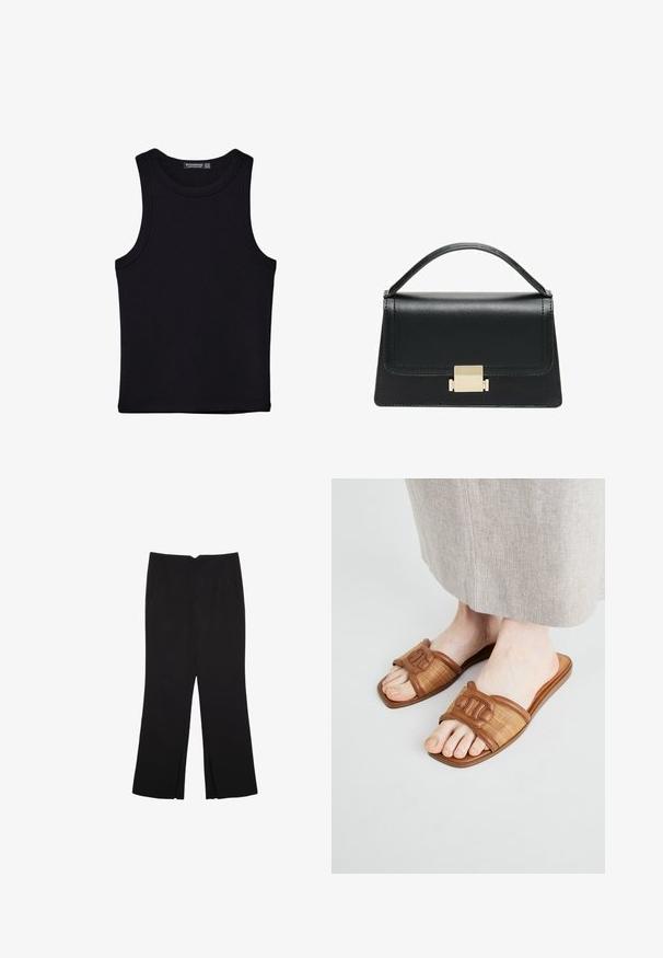 Canotta nera in cotone, caratterizzata da un colletto rotondo e ampi giromanica. Texture liscia con orli cuciti. Design classico e minimalista.; Pantaloni neri a gamba dritta, con tasche frontali e spacchi laterali all'orlo. Realizzati in tessuto morbido e liscio. Adatti a diverse occasioni.; Infradito marroni con dettagli in tessuto intrecciato e pelle liscia, dotati di una suola piatta e una fascia decorata.; Borsa a tracolla in pelle nera con design strutturato, manico superiore e dettaglio in metallo dorato sulla parte frontale. Texture liscia, cuciture minime.