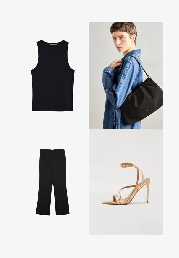 Czarny top na ramionczkach wykonany z bawełny, z okrągłym dekoltem i szerokimi wycięciami na ramionach. Gładka tekstura z przeszytymi brzegami. Klasyczny, minimalistyczny design.; Czarne spodnie o prostym kroju, z przednimi kieszeniami i bocznymi rozcięciami na dole. Wykonane z miękkiego, gładkiego materiału. Odpowiednie na różne okazje.; Even&Odd - Sandały na obcasie; Czarna, zamszowa torebka o miękkim, strukturalnym kształcie, z cienkim skórzanym paskiem i subtelnym logo marki. Modelka nosi dżinsową kurtkę.