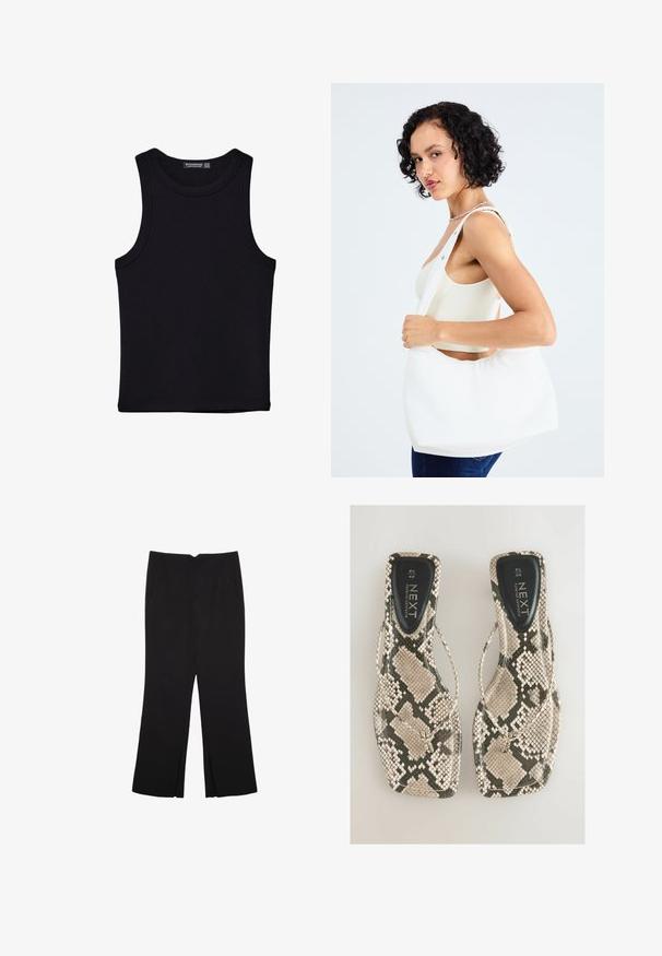 Débardeur noir en coton, avec un col rond et des emmanchures larges. Texture lisse avec des ourlets cousus. Design classique et minimaliste.; Pantalon noir avec une coupe droite, doté de poches avant et d'éclairs sur l'ourlet. Fabriqué en tissu doux et lisse. Convient à diverses occasions.; Des sandales plates avec un motif serpent dans des nuances de beige et de gris, avec un design à lanières et une semelle intérieure lisse noire portant l'étiquette "NEXT."; Sac à épaule blanc en matériau lisse, doté d'une découpe ovale et d'une large sangle. Simple et moderne, sans quincaillerie visible.