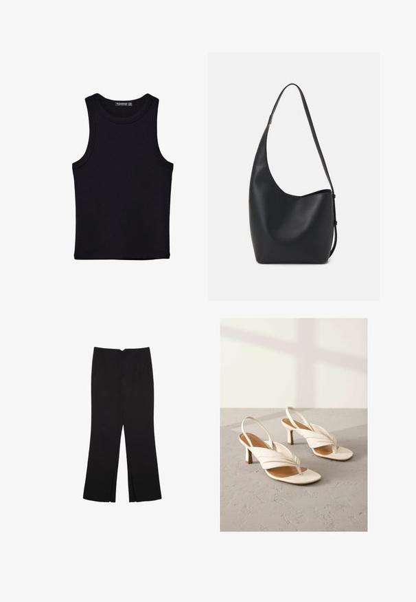 Schwarzes Tanktop aus Baumwolle mit rundem Halsausschnitt und weiten Armöffnungen. Glatte Textur mit genähten Säumen. Klassisches, minimalistisches Design.; Schwarze Hose mit geradem Schnitt, ausgestattet mit Fronttaschen und Seitenschlitzen am Saum. Hergestellt aus weichem, glattem Stoff. Geeignet für verschiedene Anlässe.; Weiße Leder Slingback-Absätze mit gedrehtem Vorderdesign, offener Zehenpartie und einem Blockabsatz in mittlerer Höhe. Glatte Oberfläche und minimalistische Akzente.; Schwarze Leder-Hobo-Tasche mit einer glatten Textur, geschwungener Form und einem einzelnen verstellbaren Tragegurt; verfügt über eine weite Öffnung am oberen Ende.