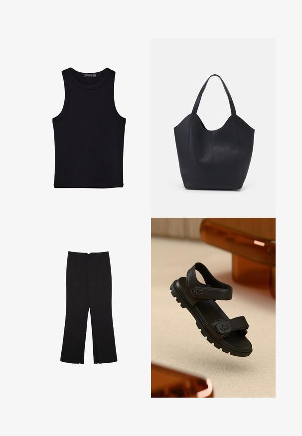 Sort tank top lavet af bomuld, med rund halsudskæring og brede armhuller. Glat tekstur med syede kanter. Klassisk, minimalistisk design.; Sorte bukser med lige pasform, der har frontlommer og slidser i kanten. Lavet af blødt, glat stof. Velegnet til forskellige anledninger.; Sort lædersandal med to justerbare remme, tekstureret sål og dristigt, chunky design. Har et logoaccent på remmen.; Sort tote taske lavet af glat læder, med en buet, åben top, to skulderstropper og et minimalistisk design.