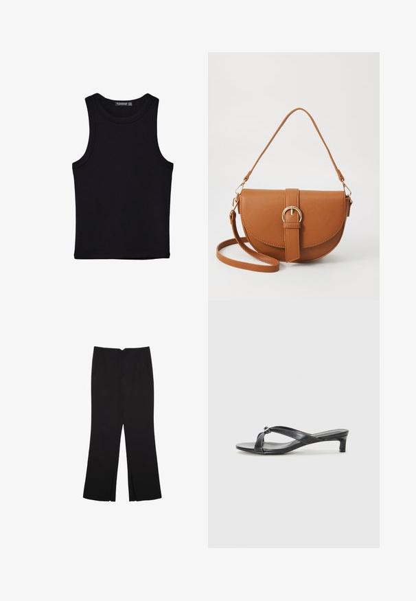 Crni top bez rukava od pamuka, s okruglim izrezom i širokim izrezima za ruke. Glatka tekstura s ušivenim rubovima. Klasičan, minimalistički dizajn.; Crne hlače ravnog kroja, s prednjim džepovima i bočnim prorezima na rubu. Izrađene od mekog i glatkog materijala. Pogodne za razne prigode.; Crne sandale na petu s dizajnom križnog remena od glatkog sintetičkog materijala. Imaju nisku blok petu i dekorativni detalj na spoju remena.; Smeđa kožna torba preko tijela s zakrivljenim oblikom, zlatnim metalnim detaljima i naglaskom na kopču. Ima odvojivu naramenicu.