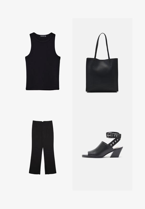 Čierny tank top vyrobený z bavlny, s okrúhlym výstrihom a širokými ramienkami. Hladká textúra so zošitými okrajmi. Klasický, minimalistický dizajn.; Čierne nohavice so strihom rovného strihu, s prednými vreckami a bočnými rozparkami na leme. Vyrobené z mäkkej, hladkej tkaniny. Vhodné na rôzne príležitosti.; Čierne kožené sandále s otvorenou špičkou a podpätkom, s remienkom na členku, zdobené prackou a striebornými cvočkami na remienku, s blokovým podpätkom.; Čierna kožená taška na rameno s hladkým povrchom, obdĺžnikovým tvarom a dvoma dlhými uchami. Bez viditeľného kovania alebo ozdôb.