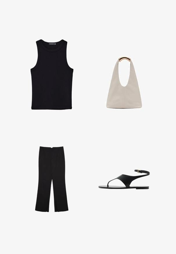 Svart linne i bomull, med rund halsringning och breda armhål. Slät yta med sydda fållar. Klassisk, minimalistisk design.; Svarta byxor med rak passform, utrustade med framfickor och sidoklyvningar vid fållen. Tillverkade av mjukt, slätt tyg. Lämpliga för olika tillfällen.; Svarta platta sandaler med en minimalistisk design, som har ett enda rem och remmar runt ankeln. Tillverkade av ett mjukt material med en platt sula.; Ljusgrå läderväska med en U-formad design och ett böjt metallhandtag. Slät textur med minimal sömnad och inga synliga mönster.