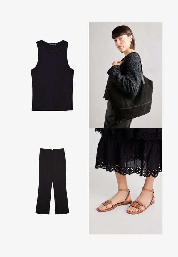 Sort tank top lavet af bomuld, med rund halsudskæring og brede armhuller. Glat tekstur med syede kanter. Klassisk, minimalistisk design.; Sorte bukser med lige pasform, der har frontlommer og slidser i kanten. Lavet af blødt, glat stof. Velegnet til forskellige anledninger.; Lysbrune lædersandaler med flad sål, der har strukturerede stropper og en justerbar ankelspænde, parret med en sort øjet nederdel.; Sort ruskinds tote taske med en glat tekstur, struktureret form og kontrasterende syninger. Har lange stropper til skulderbæring.