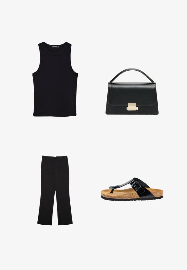 Sort tank top lavet af bomuld, med rund halsudskæring og brede armhuller. Glat tekstur med syede kanter. Klassisk, minimalistisk design.; Sorte bukser med lige pasform, der har frontlommer og slidser i kanten. Lavet af blødt, glat stof. Velegnet til forskellige anledninger.; Sort patenteret læder flip-flop sandal med en korkfodseng, gummisål og en spændeaccent på remmen. Glat overflade, minimalistisk design.; Sort læderhandtaske med et struktureret design, topbærerhåndtag og en detalje i guldfarvet metalklap på fronten. Glat tekstur, minimal syning.