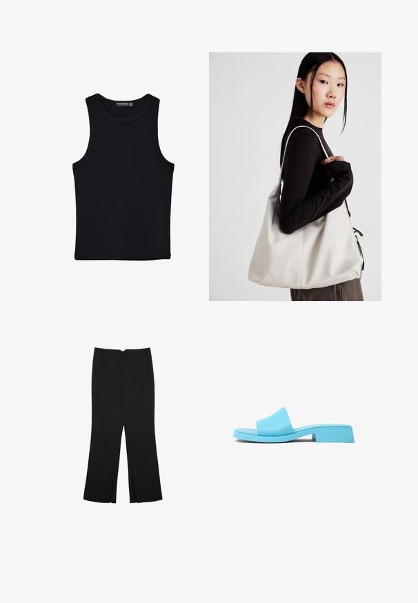 Musta hihaton paita, joka on valmistettu puuvillasta, ja jossa on pyöreä kaula-aukko sekä leveät kainaloaukot. Silkkinen pinta ja ommellut reunat. Klassinen, minimalistinen muotoilu.; Mustat housut suoralinjaisella leikkauksella, joissa on etutaskut ja sivurei'ät helman alla. Valmistettu pehmeästä ja sileästä kankaasta. Sopii eri tilaisuuksiin.; Siniset muotoillut liukusandaalit, joissa on leveä hihna, litteä pohja ja matala lohkopohja. Saumaton, kiiltävä viimeistely ja minimalistinen muotoilu.; Beige laukku, joka on valmistettu pehmeästä materiaalista, ja siinä on rento muotoilu, ommeltu yksityiskohtia ja kaksi olkahihnaa. Sopii päivittäiseen käyttöön.