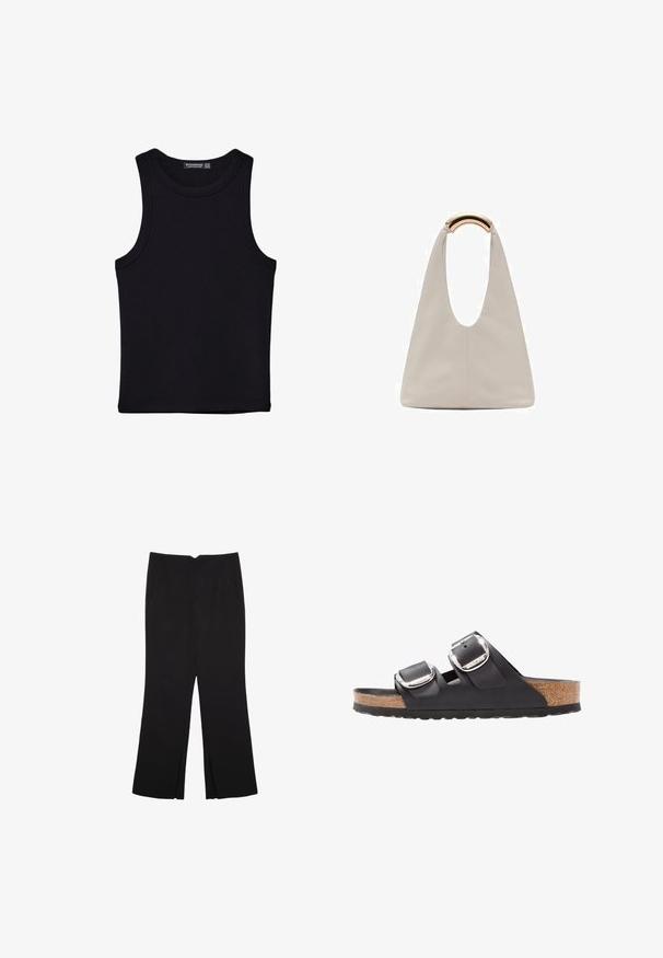 Černý top na ramínka vyrobený z bavlny, s kulatým výstřihem a širokými průramky. Hladká textura s prošitými lemy. Klasický, minimalistický design.; Černé kalhoty s rovným střihem, s předními kapsami a bočními rozparky na lemu. Vyrobené z jemné, hladké tkaniny. Vhodné na různé příležitosti.; Černé sandály s dvěma nastavitelnými popruhy, stříbrnými přezkami a korkovou stélkou na texturované černé gumové podrážce.; Světlá šedá kožená taška s U-tvarovaným designem a zakřivenou kovovou rukojetí. Hladký povrch s minimálním šitím a bez viditelných vzorů.