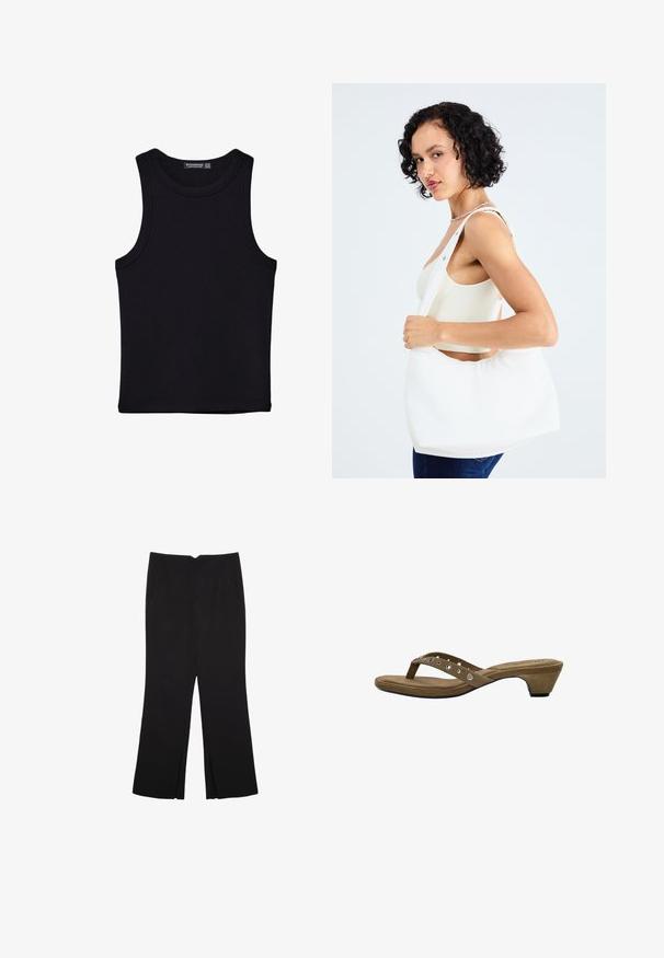 Czarny top na ramionczkach wykonany z bawełny, z okrągłym dekoltem i szerokimi wycięciami na ramionach. Gładka tekstura z przeszytymi brzegami. Klasyczny, minimalistyczny design.; Czarne spodnie o prostym kroju, z przednimi kieszeniami i bocznymi rozcięciami na dole. Wykonane z miękkiego, gładkiego materiału. Odpowiednie na różne okazje.; Brązowe zamszowe sandały na obcasie o minimalistycznym designie, z cienkim paskiem ozdobionym srebrnymi ćwiekami i skromnym obcasem w kształcie stożka.; Biała torba na ramię wykonana z gładkiego materiału, z owalnym wycięciem i szerokim paskiem. Prosta i nowoczesna, bez widocznych elementów ozdobnych.