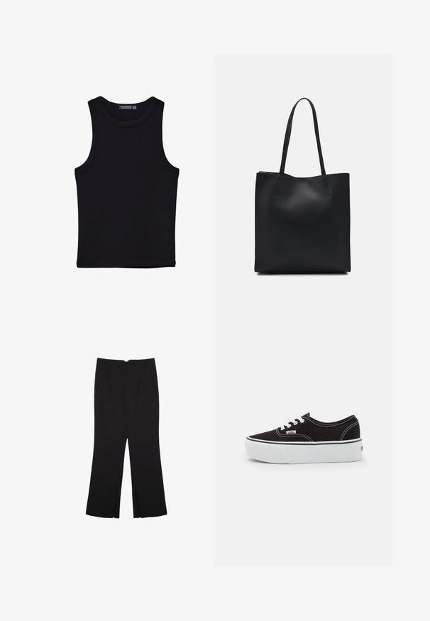 Musta hihaton paita, joka on valmistettu puuvillasta, ja jossa on pyöreä kaula-aukko sekä leveät kainaloaukot. Silkkinen pinta ja ommellut reunat. Klassinen, minimalistinen muotoilu.; Mustat housut suoralinjaisella leikkauksella, joissa on etutaskut ja sivurei'ät helman alla. Valmistettu pehmeästä ja sileästä kankaasta. Sopii eri tilaisuuksiin.; Mustat kankaiset lenkkarit, joissa on valkoinen kuminen platform-pohja, valkoiset kengännauhat ja ompeleet, ikoninen brändimerkintä sivulla, alhainen malli.; Mustapahkainen kangaskassi, jossa on sileä pinta, suorakaiteen muotoinen ja kaksi pitkää kahvaa. Ei näkyvää metalliosaa tai koristeita.