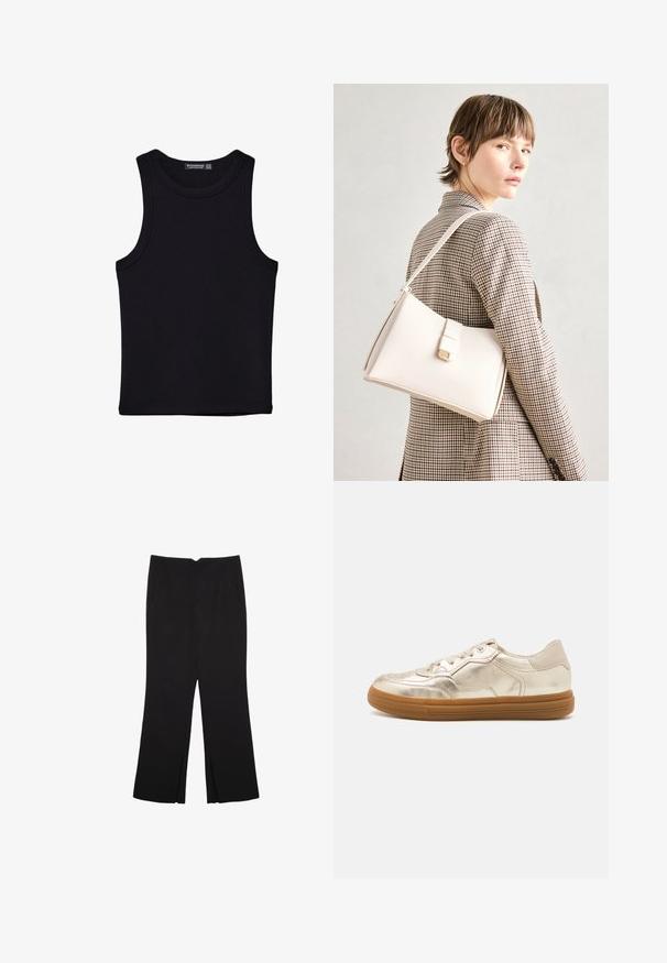 Svart linne i bomull, med rund halsringning och breda armhål. Slät yta med sydda fållar. Klassisk, minimalistisk design.; Svarta byxor med rak passform, utrustade med framfickor och sidoklyvningar vid fållen. Tillverkade av mjukt, slätt tyg. Lämpliga för olika tillfällen.; Metalliska guldskor med en slät yta, utrustade med en gummisula, snörning framtill och subtila perforeringar på tån.; Vit läderhandväska med en strukturerad design, med en magnetknäppning och en axelrem, visad mot en neutral bakgrund.