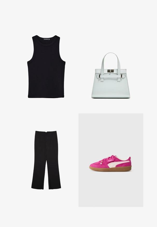 Čierny tank top vyrobený z bavlny, s okrúhlym výstrihom a širokými ramienkami. Hladká textúra so zošitými okrajmi. Klasický, minimalistický dizajn.; Čierne nohavice so strihom rovného strihu, s prednými vreckami a bočnými rozparkami na leme. Vyrobené z mäkkej, hladkej tkaniny. Vhodné na rôzne príležitosti.; Jasne ružové semišové tenisky Puma s bielym bočným prúžkom, gumenou podrážkou a dekoratívnou perlou na šnúrkach na svetlošedom pozadí.; Svetlomodrá kabelka so štruktúrovaným dizajnom, dvomi uchami a striebornou kovovou prackou. Textúrovaný materiál a ostré rohy.