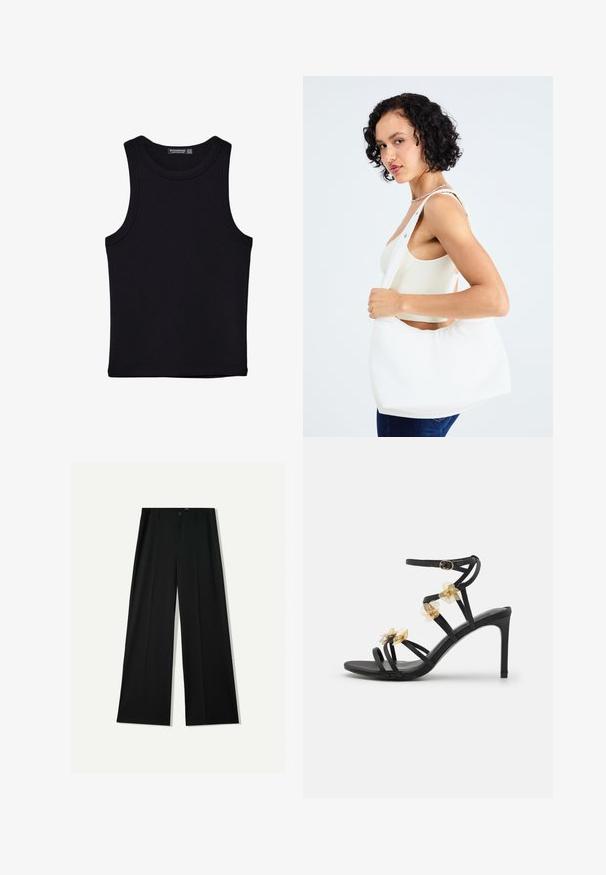 Black tank top made of cotton, featuring a round neckline and wide armholes. Smooth texture with stitched hems. Classic, minimalist design.; Bershka WIDE - Trousers - black; Black strappy high-heeled sandal with delicate gold flower accents and sleek texture; features a buckle closure on the ankle strap.; White shoulder bag made of smooth material, featuring an oval cutout and wide strap design. Simple and modern with no visible hardware.