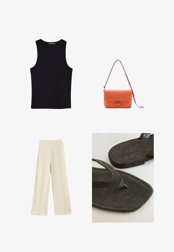 Canotta nera in cotone, caratterizzata da un colletto rotondo e ampi giromanica. Texture liscia con orli cuciti. Design classico e minimalista.; Pantaloni a gamba larga in un tessuto testurizzato color crema. Il design presenta un motivo a nido d'ape con vita alta e gambe lunghe.; Infradito marroni scuri con texture scamosciata e un distintivo ponte, con il nome del marchio "NEXT" impresso sulla suola.; Borsa in pelle corallo con chiusura a pattina, tracolla regolabile e un accento in metallo argentato al centro. Texture liscia.