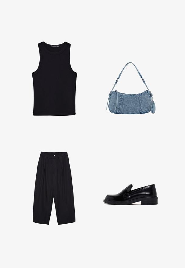 Black tank top made of cotton, featuring a round neckline and wide armholes. Smooth texture with stitched hems. Classic, minimalist design.; Black polyester culotte pants with an elastic waistband, two front pleats, and a loose silhouette. No visible patterns or hardware details.; Black leather loafer with a smooth finish, rounded toe, low block heel, and decorative strap across the top. Textured side detailing.; Denim handbag with a curved shape, light blue color, adjustable shoulder strap, and a small detachable pouch with metallic accents.