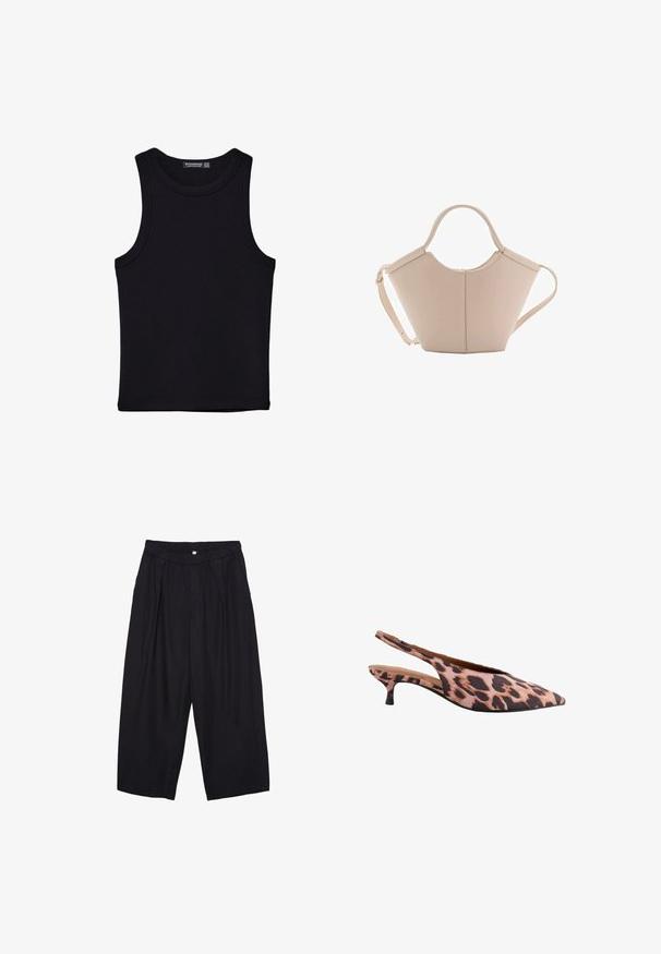 Černý top na ramínka vyrobený z bavlny, s kulatým výstřihem a širokými průramky. Hladká textura s prošitými lemy. Klasický, minimalistický design.; Černé polyesterové culotte kalhoty s elastickým pasem, dvěma předními sklady a volným siluetou. Žádné viditelné vzory ani kovové detaily.; Sandačka s leopardím potiskem, s špičatou špičkou, nízkým jehlovým podpatkem a texturovanou tkaninou. Barevné schéma zahrnuje odstíny růžové a tmavě hnědé.; Beige kožená kabelka s jedinečným tvarem, vybavená dvěma krátkými uchy a dlouhým nastavitelným popruhem. Hladká textura s minimem kovových doplňků.