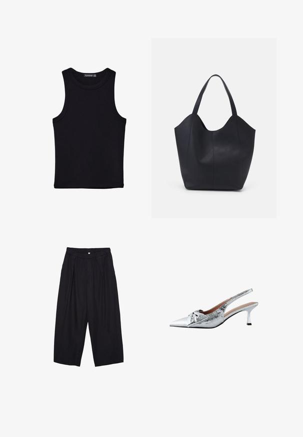 Czarny top na ramionczkach wykonany z bawełny, z okrągłym dekoltem i szerokimi wycięciami na ramionach. Gładka tekstura z przeszytymi brzegami. Klasyczny, minimalistyczny design.; Czarne spodnie culotte z poliestru z elastycznym pasem, dwoma fałdami z przodu i luźnym krojem. Brak widocznych wzorów lub elementów metalowych.; Srebrne sandały na obcasie z odkrytymi piętami, z szpiczastym noskiem, teksturowanym metalicznym wykończeniem i dekoracyjną kokardą. Posiadają smukły obcas typu kitten.; Czarna torba na ramię wykonana z gładkiej skóry, z zaokrąglonym, otwartym topem i dwoma paskami na ramię oraz minimalistycznym designem.