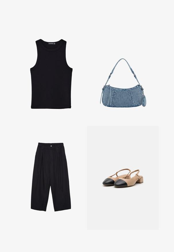 Sort tank top lavet af bomuld, med rund halsudskæring og brede armhuller. Glat tekstur med syede kanter. Klassisk, minimalistisk design.; Sorte polyester culotte bukser med elastisk talje, to forpiber og en løs silhuet. Ingen synlige mønstre eller hardware detaljer.; Beige læder slingback sko med sort tophætte, blokhæle og justerbar rem. Glat tekstur og minimalistisk design.; Denim håndtaske med buet form, lyseblå farve, justerbar skulderrem og en lille aftagelig pung med metalliske detaljer.