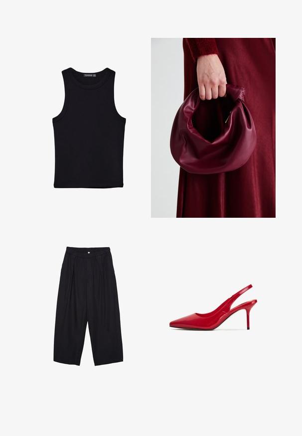 Canotta nera in cotone, caratterizzata da un colletto rotondo e ampi giromanica. Texture liscia con orli cuciti. Design classico e minimalista.; Pantaloni culotte neri in poliestere con una cintura elastica, due pieghe frontali e una silhouette ampia. Nessun motivo visibile o dettagli in metallo.; Décolleté slingback in vernice rossa con punta appuntita e tacco sottile. Il design presenta una finitura liscia e una silhouette minimalista.; Borsa in pelle bordeaux con un design morbido e arricciato e una forma arrotondata. Il manico è fissato, mostrando una texture liscia.