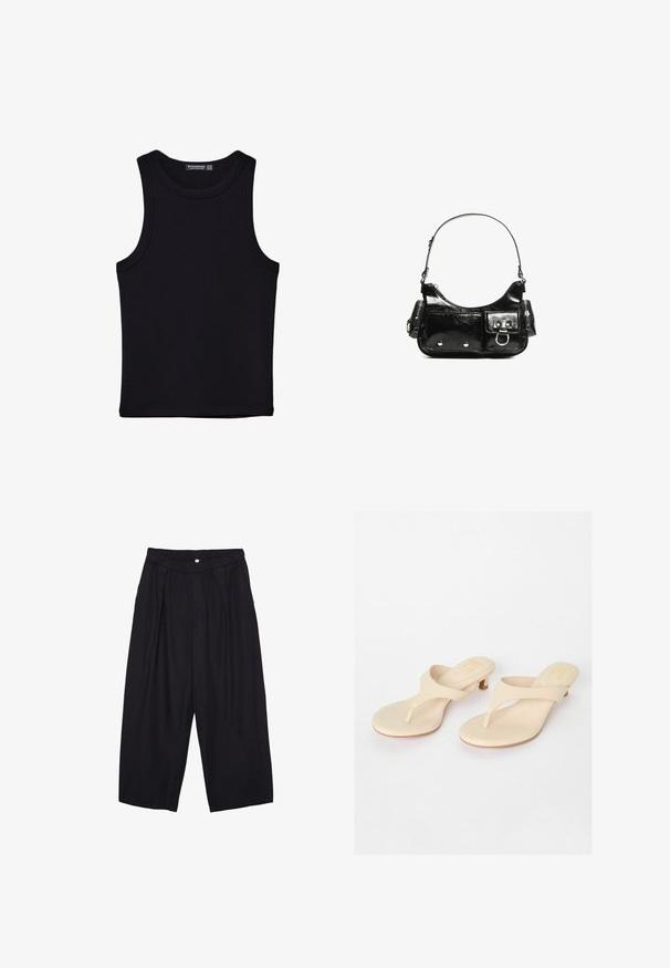 Schwarzes Tanktop aus Baumwolle mit rundem Halsausschnitt und weiten Armöffnungen. Glatte Textur mit genähten Säumen. Klassisches, minimalistisches Design.; Schwarze Polyester-Culotte mit einem elastischen Bund, zwei vorderen Falten und einer lockeren Silhouette. Keine sichtbaren Muster oder Hardware-Details.; Beige Zehentrenner mit einem glatten synthetischen Obermaterial und kleinem Blockabsatz. Minimalistisches Design mit Zehensteg und abgerundetem Fußbett.; Schwarze Lackleder-Handtasche mit geschwungenem Design, einem Schulterriemen, Vordertaschen und silberfarbenen Hardware-Akzenten.