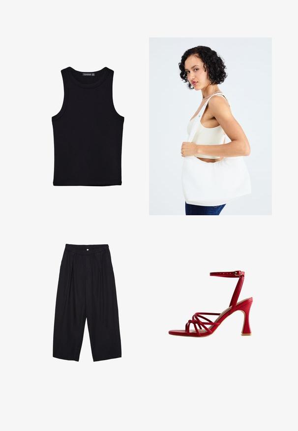 Svart linne i bomull, med rund halsringning och breda armhål. Slät yta med sydda fållar. Klassisk, minimalistisk design.; Svarta polyester culottbyxor med elastisk midja, två framfickor och en lös silhuett. Inga synliga mönster eller hårdvarudetaljer.; Röda högklackade sandaler med en elegant design, som har korsade remmar, en ankelsnodd med spänne och en texturerad klack.; Vit axelväska i slätt material, med ett ovalt utskärning och bred bärremdesign. Enkel och modern utan synlig hårdvara.