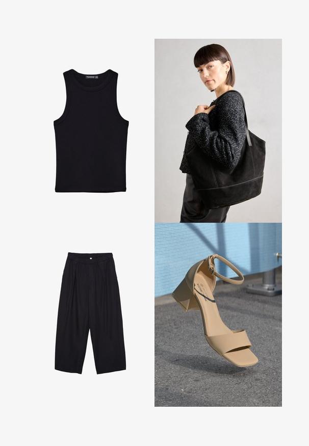Črna majica brez rokavov iz bombaža, z okroglim izrezom in širokimi odprtinami za roke. Gladka tekstura s šivi na robovih. Klasičen, minimalističen dizajn.; Črne poliesterske culotte hlače z elastičnim pasom, dvema sprednjima nabiranjema in ohlapnim krojem. Brez vidnih vzorcev ali kovinskih detajlov.; Bežna sandala na blok petu s kvadratnim vrhom, minimalnim trakama in s sponko za gleženj. Gladek, mat material na sivi površini.; Črna semiš torbica z gladko teksturo, strukturirano obliko in kontrastnim šivanjem. Ima dolge naramnice za nošenje na rami.