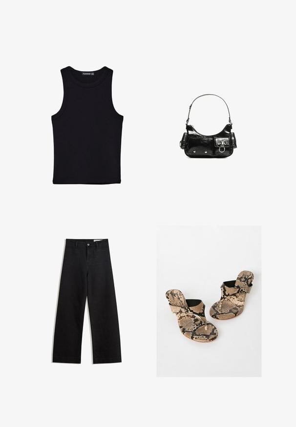 Schwarzes Tanktop aus Baumwolle mit rundem Halsausschnitt und weiten Armöffnungen. Glatte Textur mit genähten Säumen. Klassisches, minimalistisches Design.; Schwarze weit geschnittene Jeans mit hoher Taille, ausgestattet mit Vorder- und Hintertaschen, gesteppten Nähten und einem Knopfverschluss. Glatte Textur.; Friends Like These Zehentrenner - snake print; Schwarze Lackleder-Handtasche mit geschwungenem Design, einem Schulterriemen, Vordertaschen und silberfarbenen Hardware-Akzenten.