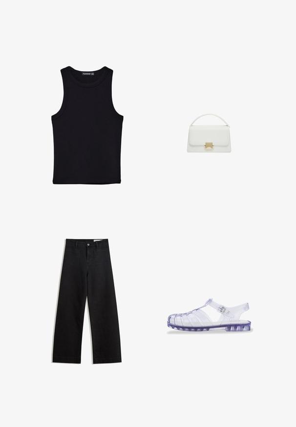 Černý top na ramínka vyrobený z bavlny, s kulatým výstřihem a širokými průramky. Hladká textura s prošitými lemy. Klasický, minimalistický design.; Černé denimové kalhoty s volným střihem a vysokým pasem, vybavené předními a zadními kapsami, prošívanými švy a knoflíkovým zapínáním. Hladká textura.; Průhledné fialové plastové sandály se zavřenou špičkou, otevřenou zadní částí a nastavitelným popruhem. Obsahují vodorovné a svislé výřezy.; Bílá kožená taška s pevnou konstrukcí, vybavená horní rukojetí a zlatým uzávěrem. Hladká textura a minimalistické detaily.