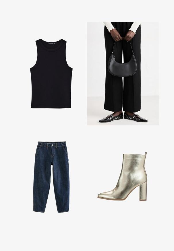 Canotta nera in cotone, caratterizzata da un colletto rotondo e ampi giromanica. Texture liscia con orli cuciti. Design classico e minimalista.; Pantaloni in denim blu scuro con una vestibilità ampia, dotati di cinque tasche, passanti per cintura e cuciture gialle a contrasto. Tessuto pulito e texturato.; Stivale alla caviglia di colore oro metallico con punta affilata, texture liscia e tacco alto chunky. Presenta un pratico occhiello sul retro per indossarlo facilmente.; Borsa a spalla in pelle nera con forma arrotondata, finitura lucida e accessori in argento. Persona che indossa pantaloni ampi neri e mocassini con borchie.