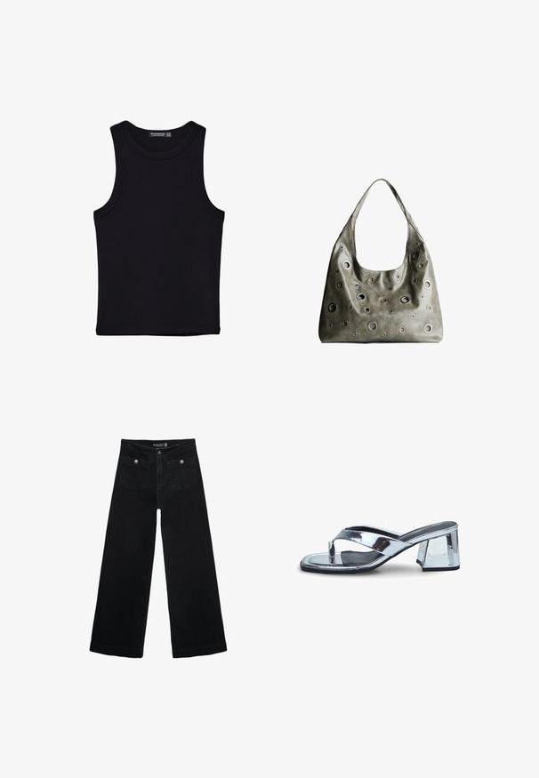 Crni top bez rukava od pamuka, s okruglim izrezom i širokim izrezima za ruke. Glatka tekstura s ušivenim rubovima. Klasičan, minimalistički dizajn.; Crne široke traperice s visokim strukom, koje imaju dva prednja džepa i metalne gumbe kao ukrase. Tkanina ima glatku teksturu.; Srebrne metalik sandale na visokom potplatu sa kvadratnim vrhom, s križnim trakama i blok petom za stabilnost. Glatka, reflektirajuća površina.; Maslinasto zeleni kožni ručni kovčeg s opuštenim dizajnom, s raznim kružnim izrezima različitih veličina i naglascima u tamnijim i svjetlijim nijansama.