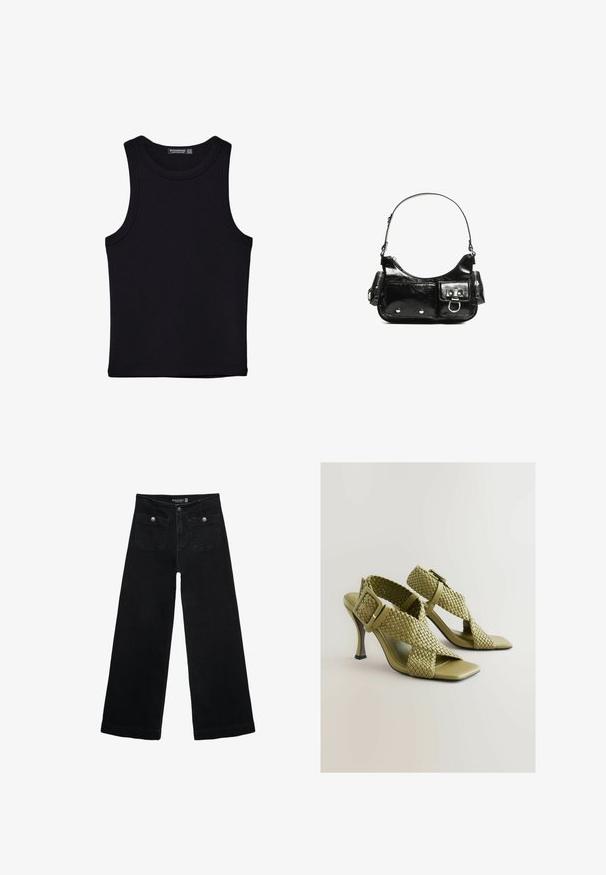 Čierny tank top vyrobený z bavlny, s okrúhlym výstrihom a širokými ramienkami. Hladká textúra so zošitými okrajmi. Klasický, minimalistický dizajn.; Čierne široké nohavice s vysokým pásom, s dvoma prednými vreckami a kovovými detailmi na gombíku. Tkanina má hladkú textúru.; Zelené tkané sandále na vysokom podpätku s nastaviteľnou prackou, štvorcovým otvoreným špičkou a hladkou podrážkou. Obsahujú elegantný, štíhly vysoký podpätok a textúrované remene.; Čierna laková kožená kabelka s ohnutým tvarom, jedným ramenným popruhom, prednými vreckami a striebornými kovovými doplnkami.