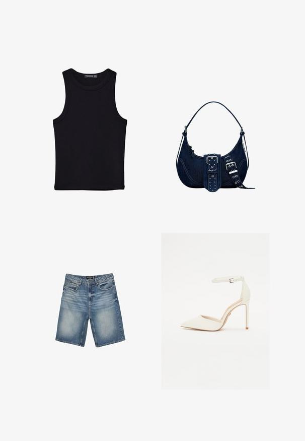 Canotta nera in cotone, caratterizzata da un colletto rotondo e ampi giromanica. Texture liscia con orli cuciti. Design classico e minimalista.; Shorts in denim blu chiaro, dotati di una vita con passanti per cintura, cinque tasche e una finitura leggermente sbiadita per un aspetto consumato.; Scarpa alta in pelle bianca con punta affusolata e sottile cinturino alla caviglia. Presenta un tacco a stiletto e un design minimalista.; Borsa a spalla in jeans blu scuro con parte superiore curva, hardware argentato, dettaglio della fibbia audace e accentature a borchie sulla tracolla. Scomparto con zip visibile.