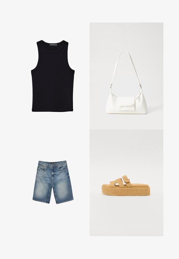 Black tank top made of cotton, featuring a round neckline and wide armholes. Smooth texture with stitched hems. Classic, minimalist design.; Denim shorts in light blue, featuring a waistband with belt loops, five pockets, and a slightly faded finish for a worn look.; Steve Madden BIGMISSILE - Slippers - beige; White synthetic handbag with a triangular shape, flat front flap and bow detail, adjustable strap, smooth texture, and minimalistic design.