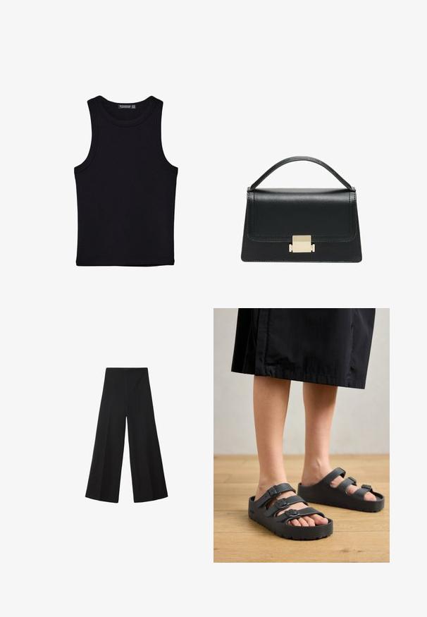 Canotta nera in cotone, caratterizzata da un colletto rotondo e ampi giromanica. Texture liscia con orli cuciti. Design classico e minimalista.; Pantaloni a gamba larga neri realizzati in un tessuto liscio, con vita alta e pieghe frontali per maggiore volume. Senza chiusure o tasche visibili.; Sandali grigi modellati con tre cinturini regolabili e fibbie. Materiale in gomma con suola testurizzata. Indossati a piedi nudi, abbinati a una gonna nera.; Borsa a tracolla in pelle nera con design strutturato, manico superiore e dettaglio in metallo dorato sulla parte frontale. Texture liscia, cuciture minime.
