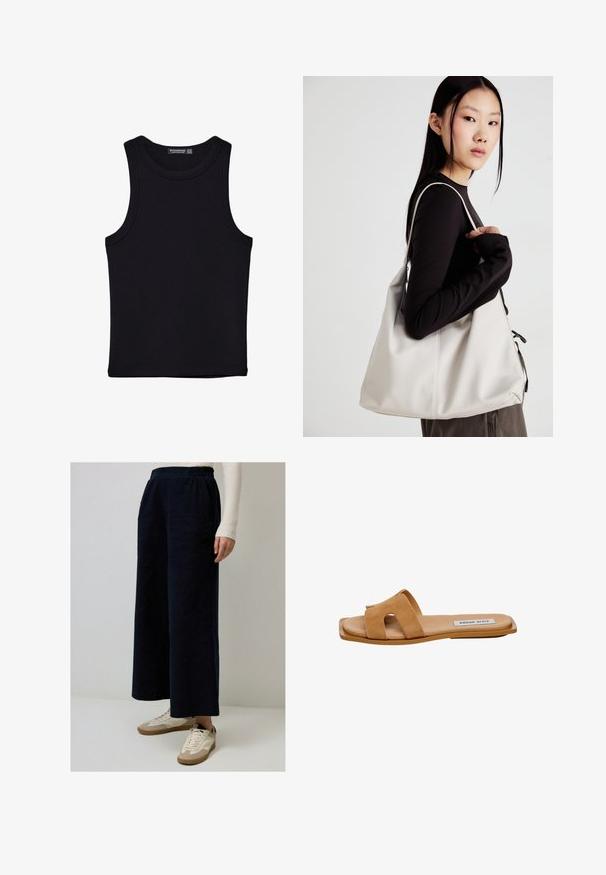 Crni top bez rukava od pamuka, s okruglim izrezom i širokim izrezima za ruke. Glatka tekstura s ušivenim rubovima. Klasičan, minimalistički dizajn.; Mornarske široke hlače s elastičnim pojasom i bočnim džepovima, u kombinaciji s bijelim tenisicama s bež akcentima. Mekana tekstura tkanine.; Tamno smeđi nubuk sandala s ravnim potplatom koja se nosi bez kopčanja, s dvije široke trake s izrezima i suptilnim logotipom na ulošku.; Bežna torba od mekog materijala s opuštenim dizajnom, šivanim detaljima i dva remena za rame. Pogodna za svakodnevnu upotrebu.