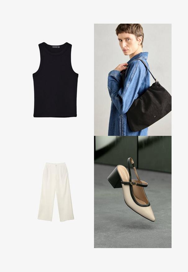 Černý top na ramínka vyrobený z bavlny, s kulatým výstřihem a širokými průramky. Hladká textura s prošitými lemy. Klasický, minimalistický design.; Široké kalhoty z krémové látky s hladkým povrchem, s jediným předním knoflíkem, jemnými skladbami a vysokým pasem.; Beige boty s špičatou špičkou a otevřenou patou, černými detaily, zlatou přezkou a silným blokovým podpatkem, na šedé podlaze s tmavě zeleným pozadím.; Černá semišová kabelka s měkkým, strukturovaným tvarem, která má štíhlý kožený popruh a nenápadné logo značky. Model má na sobě džínovou bundu.