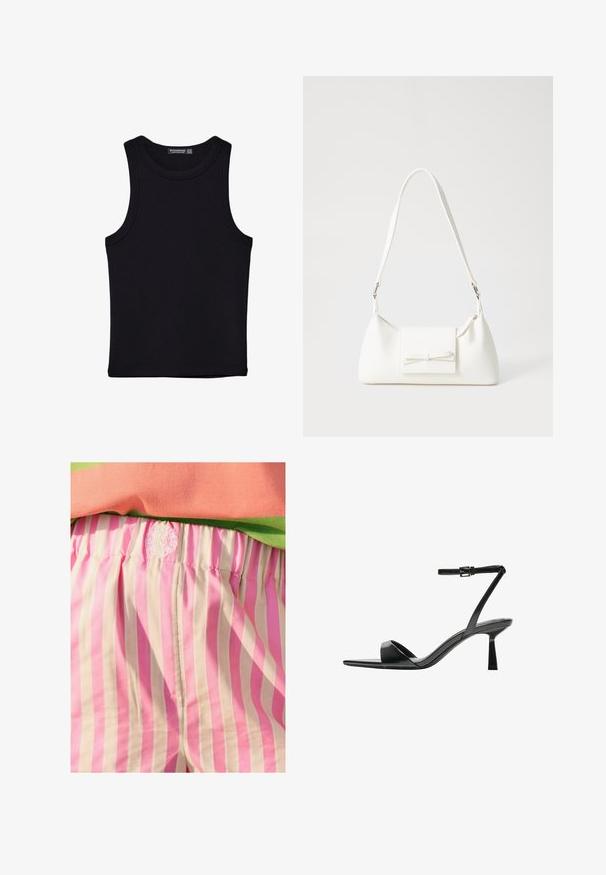 Black tank top made of cotton, featuring a round neckline and wide armholes. Smooth texture with stitched hems. Classic, minimalist design.; Pink and cream-striped fabric shorts with elastic waistband. Features embroidered logo detail on waistband. Smooth texture.; Bershka High heeled sandals - black; White synthetic handbag with a triangular shape, flat front flap and bow detail, adjustable strap, smooth texture, and minimalistic design.