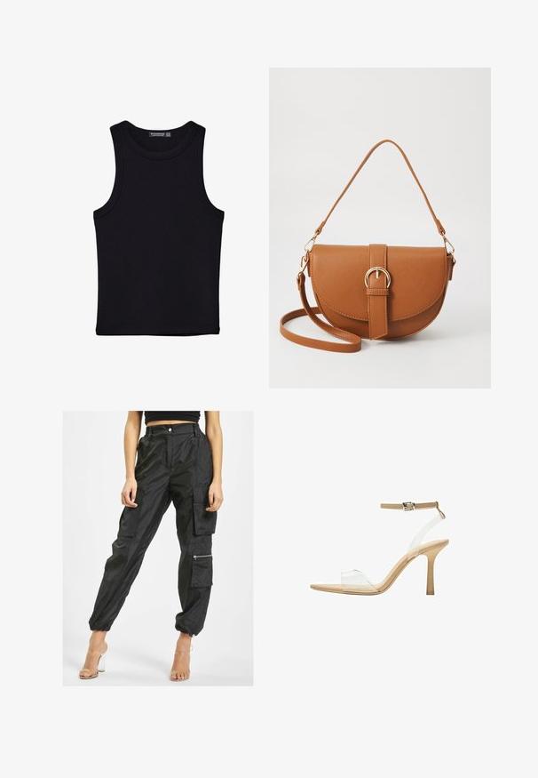 Débardeur noir en coton, avec un col rond et des emmanchures larges. Texture lisse avec des ourlets cousus. Design classique et minimaliste.; Des pantalons cargo noirs fabriqués à partir d'un tissu léger, comportant de multiples poches, des poignets élastiques et une poche zippée sur le côté pour plus de fonctionnalité.; Sandale à talon transparent avec un supérieur transparent, semelle beige et une fine bride de cheville. Dispose d'un bout pointu et d'un fin talon haut.; Sac bandoulière en cuir marron avec une forme incurvée, quincaillerie dorée et un accent en boucle. Comprend une bandoulière détachable.