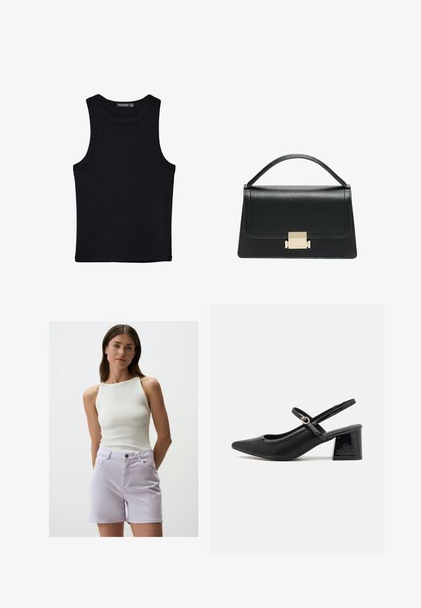 Schwarzes Tanktop aus Baumwolle mit rundem Halsausschnitt und weiten Armöffnungen. Glatte Textur mit genähten Säumen. Klassisches, minimalistisches Design.; Weißes, geripptes Tanktop mit hohem Halsausschnitt kombiniert mit helllavendelfarbenen Denim-Shorts, die vordere Taschen und einen schwarzen Knopfverschluss haben.; Schwarze Lackleder-Slingback-Absätze mit spitzer Zehenform, einem runden Ausschnitt-Design und einem Blockabsatz. Mit einem goldfarbenen Schnallenakzent.; Schwarze Lederhandtasche mit strukturiertem Design, oberem Griff und einem goldenen Metallschnappverschluss auf der Vorderseite. Glatte Textur, minimale Nähte.