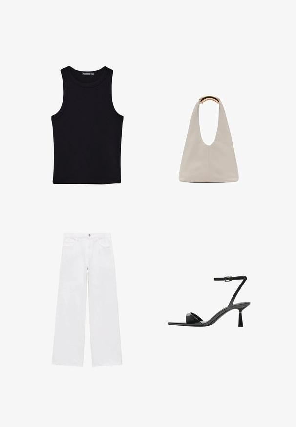 Černý top na ramínka vyrobený z bavlny, s kulatým výstřihem a širokými průramky. Hladká textura s prošitými lemy. Klasický, minimalistický design.; Bílé široké džínsy s třepenými lemami, s klasickým pětikapsovým designem a kovovým zapínáním. Vyrobeno z pevné bavlněné tkaniny.; Bershka Sandály na vysokém podpatku - black; Světlá šedá kožená taška s U-tvarovaným designem a zakřivenou kovovou rukojetí. Hladký povrch s minimálním šitím a bez viditelných vzorů.