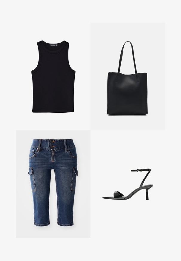 Débardeur noir en coton, avec un col rond et des emmanchures larges. Texture lisse avec des ourlets cousus. Design classique et minimaliste.; Pantalons capri en denim avec un délavage bleu foncé, deux poches cargo latérales et une braguette à double bouton avec fermeture zip. Design classique à cinq poches.; Bershka Sandales à talons hauts - black; Sac fourre-tout en cuir noir avec une texture lisse, de forme rectangulaire et deux longues poignées. Pas de matériel ou d'ornementations visibles.