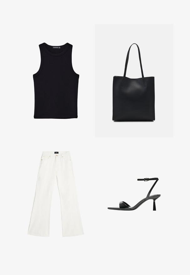 Sort tank top lavet af bomuld, med rund halsudskæring og brede armhuller. Glat tekstur med syede kanter. Klassisk, minimalistisk design.; Hvide breddebenede jeans i denim, med et klassisk fem-lomme design, guldfarvet hardware og en mellemhøj talje.; Bershka Højhælede sandaletter / Højhælede sandaler - black; Sort læder tote taske med glat tekstur, rektangulær form og to lange hanke. Ingen synlig hardware eller udsmykninger.
