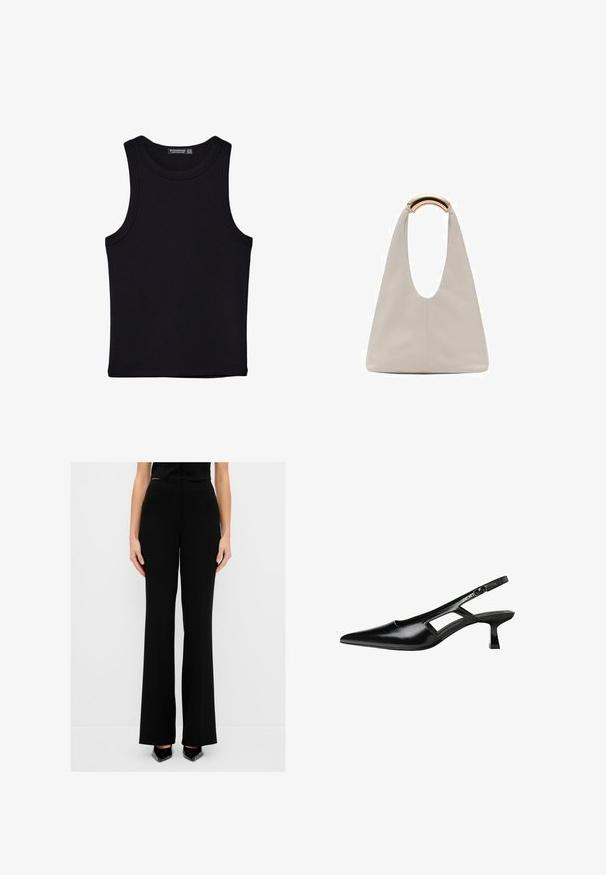 Black tank top made of cotton, featuring a round neckline and wide armholes. Smooth texture with stitched hems. Classic, minimalist design.; Black wide-leg trousers with a high waist, designed in a smooth fabric. Features a clean silhouette and pairs well with various tops.; Black patent leather slingback heels with a pointed toe, cut-out side design, and a small square heel. Smooth texture with minimal accents.; Light gray leather bag with a U-shaped design and a curved metallic handle. Smooth texture with minimal stitching and no visible patterns.